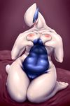  anthro bamia big_breasts blue_eyes breast_grab breasts chubby female kneeling legendary_pok&#233;mon lugia nintendo nipples nude open_mouth pok&#233;mon pok&#233;morph porkyman pussy solo thighs video_games voluptuous wide_hips 
