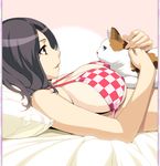  bikini_top black_hair breasts brown_eyes cat character_request checkered green_sclera huge_breasts ino lying on_back parted_lips pillow profile sideboob solo strap_gap techgian 