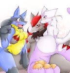  anthro anus big_breasts blue_eyes blush breast_grab breasts butt butt_grab canine chest_tuft female fox fur geiru_mirua grinding grope group group_sex hair lesbian looking_at_viewer lucario mammal mienshao nintendo nude open_mouth pok&#233;mon pok&#233;morph porkyman pussy pussy_juice red_eyes red_hair sex threesome tuft video_games yellow_eyes zoroark 