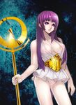  breasts corset covered_nipples cum cum_on_body cum_on_breasts cum_on_upper_body facial fengmo highres kido_saori large_breasts long_hair nipples purple_eyes purple_hair pussy saint saint_seiya see-through solo staff sweat 