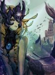  1girl air_bubble blurry bubble building colored_skin glint green_skin headpiece highres league_of_legends mermaid monster_girl nami_(league_of_legends) nan_na parted_lips red_eyes school_of_fish solo underwater upper_body 