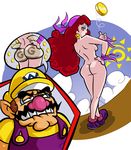  1girl ass bandana big_nose biting breasts captain_syrup coin coin_flip earrings eyeliner facial_hair from_behind hand_on_hip hat inset jewelry lip_biting long_hair makeup mario_(series) mario_grant medium_breasts mustache nude red_eyes red_hair sideboob super_mario_bros. suspenders wario wario_land 