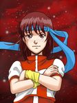  blue_headband brown_eyes brown_hair crossed_arms gunbuster_pose headband kaapee leotard purple_leotard solo takaya_noriko top_wo_nerae! 