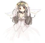  7010 angel_wings blush breasts bride brown_eyes cleavage dress flower head_wings long_hair medium_breasts original silver_hair smile solo wedding_dress wings 