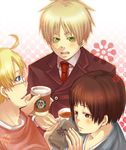  ahoge america_(hetalia) axis_powers_hetalia bad_id bad_pixiv_id blonde_hair blue_eyes brown_eyes brown_hair coffee formal glasses green_eyes japan_(hetalia) male_focus multiple_boys mushi_kei necktie suit tea united_kingdom_(hetalia) 