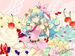  blonde_hair blue_eyes cherry cloud_hair dessert food fruit long_hair multicolored_hair nia_teppelin saikachi_(ogre_tree) sitting solo tengen_toppa_gurren_lagann two-tone_hair 