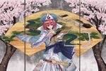  bridge cherry_blossoms fan folding_fan hands hitodama holding japanese_clothes jitome kimono pink_eyes pink_hair saigyouji_yuyuko scabbard sheath sheathed short_hair solo stream touhou tsurui veranda wakizashi wide_sleeves 