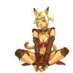  animal_ears barefoot blonde_hair blue_eyes butterfly_sitting circlet elbow_gloves feet final_fantasy final_fantasy_xi full_body gloves hands_on_feet mithra one_eye_closed quot short_hair sitting smile solo tail 