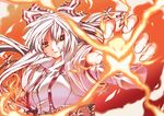  fire flame fujiwara_no_mokou hase_nanase long_sleeves looking_at_viewer looking_back outstretched_arm red_eyes shaded_face solo suspenders touhou upper_body 