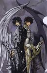  absurdres chain chess_piece clamp code_geass contrast earrings fake_wings highres jewelry kururugi_suzaku lelouch_lamperouge male_focus multiple_boys official_art sword weapon wings 