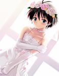  antenna_hair bare_shoulders black_hair blue_eyes bride choker dress elbow_gloves flower gloves idolmaster idolmaster_(classic) idolmaster_live_for_you! kikuchi_makoto kisugi_akira short_hair solo wedding_dress 