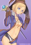  black_mage blonde_hair breasts brown_gloves cross-laced_clothes final_fantasy final_fantasy_xi gen gloves hat hume medium_breasts purple_background purple_eyes revealing_clothes robina short_hair simple_background solo staff standing underboob wand witch_hat 