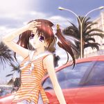  car cloud copyright_request day ground_vehicle hair_ornament kimizuka_aoi lamppost lens_flare motor_vehicle palm_tree photo_background sky solo sunlight tree twintails 