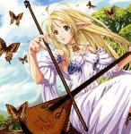  absurdres ahoge armpits balalaika_(instrument) blonde_hair blue_eyes bow_(instrument) bug butterfly copyright_request dress eiwa elf highres insect instrument jewelry long_hair nail_polish nature necklace pink_nails pointy_ears ring solo 