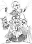 alice_margatroid arm_support braid broom buckle capelet fingerless_gloves gloves greyscale hands hat hikawa_shou kirisame_marisa monochrome multiple_girls one_eye_closed one_knee puppet_rings puppet_strings shanghai_doll side_braid touhou witch_hat 
