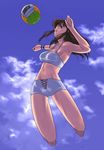  armpits barefoot bikini blue_eyes brown_hair day dead_or_alive g-room_honten hitomi_(doa) jumping long_hair navel shorts solo swimsuit volleyball wristband 