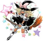  black_dress blonde_hair bloomers blue_eyes blush bobby_socks broom broom_riding dark_skin dress embellished_costume kirisame_marisa loco looking_at_viewer puffy_short_sleeves puffy_sleeves short_sleeves simple_background socks solo touhou underwear white_background white_bloomers 