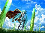  aqua_eyes aqua_hair armpits cloud crystal day detached_sleeves grass hatsune_miku kouji_(astral_reverie) legs long_hair miniskirt necktie skirt sky smile solo thighhighs twintails vocaloid zettai_ryouiki 