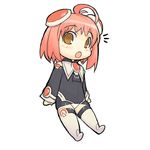  1girl ahoge chibi eyebrows_visible_through_hair full_body hairpods kizaki long_sleeves looking_at_viewer m.o.m.o. panties pantyshot short_hair simple_background solo surprised thighhighs underwear white_background white_panties xenosaga 