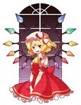  arm_ribbon bad_id bad_pixiv_id blonde_hair bow colored_eyelashes eyelashes fang flandre_scarlet fuyu_kitsune hair_bow hat large_bow no_legs no_nose one_side_up open_mouth plaid red_eyes ribbon short_hair simple_background smile solo touhou v_arms window wings 