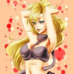  armpits arms_up artist_request ayla_(chrono_trigger) blonde_hair chrono_trigger green_eyes long_hair lowres midriff navel scarf solo stomach strapless tubetop very_long_hair wavy_hair 