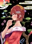  bad_id bad_pixiv_id bare_shoulders bird brown_hair egasumi flower green_eyes hair_flower hair_ornament japanese_clothes kimono nauribon original profile short_hair solo 