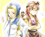  2girls angry artist_request back-to-back blonde_hair blue_eyes braid brown_hair chrono_cross crossed_arms fume green_eyes hairband lisa_(chrono_cross) long_hair lowres multiple_girls rena_(chrono_cross) serge 