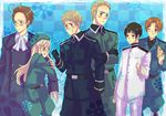  5boys absurdres ahoge arguing austria_(hetalia) axis_powers_hetalia beret blonde_hair blue_eyes brown_eyes brown_hair flower food germany_(hetalia) gloves green_eyes hair_ornament hairclip hat highres holding_pizza hungary_(hetalia) japan_(hetalia) military military_hat military_uniform multiple_boys mushi_kei northern_italy_(hetalia) one_eye_closed pizza prussia_(hetalia) purple_eyes uniform world_war_ii 