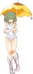  boots breasts cameltoe closed_eyes covered_navel cross-laced_footwear curvy dei_shirou frog frozen full_body green_hair highres kazami_yuuka lace-up_boots medium_breasts one-piece_swimsuit parasol school_swimsuit short_hair smile solo standing swimsuit thigh_gap touhou umbrella white_background white_school_swimsuit white_swimsuit 