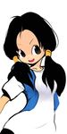  :d black_eyes black_hair dragon_ball dragon_ball_z hair_tubes long_hair okera open_mouth simple_background smile solo twintails videl white_background 