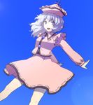  asymmetrical_hair blue_background blue_eyes blue_hair buttons egawa_satsuki frilled_hat frilled_shirt_collar frilled_sleeves frills hat long_sleeves looking_at_viewer merlin_prismriver open_mouth pale_skin pink_hat pink_shirt pink_skirt shirt simple_background skirt smile solo sun touhou 