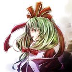  bow dress expressionless front_ponytail green_eyes green_hair hair_bow kagiyama_hina pale_skin red_bow red_dress shippori short_hair solo touhou upper_body 