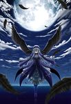  angel_wings black_wings dress ebisu_(amagi_seitetsujo) feathers frills highres long_hair moon night pink_eyes rozen_maiden silver_hair sky solo suigintou water wings 