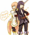  1girl bad_id bad_pixiv_id blue_eyes boots copyright_name estellise_sidos_heurassein gloves heart heart_of_string knee_boots long_hair over_shoulder pink_hair short_hair sword sword_over_shoulder tales_of_(series) tales_of_vesperia weapon weapon_over_shoulder yoshi_92 yuri_lowell 