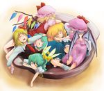  afloat blonde_hair blush bowl cirno closed_eyes crystal daiyousei dress fairy fairy_wings flandre_scarlet full_body green_hair hat itsuki_kuro kirisame_marisa mob_cap multiple_girls open_mouth pink_hair puffy_short_sleeves puffy_sleeves red_dress remilia_scarlet rumia short_hair short_sleeves side_ponytail sleeping touhou water wings 