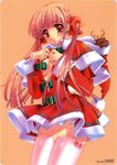  absurdres blush breasts carnelian christmas cleavage copyright_request highres long_hair medium_breasts panties pantyshot pink_hair santa_costume scan solo thighhighs twintails underwear 