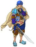  absurdres armor artist_request baten_kaitos blue_eyes blue_hair cape dagger highres kalas male_focus official_art solo sword weapon 