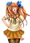  artist_request brown_eyes brown_hair clenched_hand copyright_request hair_ornament hair_ribbon hand_on_hip miniskirt necktie one_eye_closed open_mouth ribbon school_uniform skirt solo thighhighs zettai_ryouiki 