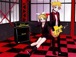  1girl amplifier bad_id bad_pixiv_id blonde_hair boots brother_and_sister green_eyes guitar hair_ornament hair_ribbon hairclip hamada_youho headphones instrument kagamine_len kagamine_rin legs ribbon short_hair siblings skirt twins vocaloid 