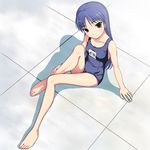  barefoot blue_hair brown_eyes feet idolmaster idolmaster_(classic) idolmaster_live_for_you! kisaragi_chihaya legs long_hair nomura_teruya one-piece_swimsuit school_swimsuit sitting solo swimsuit 