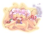  :3 aburaage animal_ears bad_id bad_pixiv_id blonde_hair chen chen_(cat) chibi eating food fox_tail hat hug long_sleeves multiple_tails pillow_hat short_hair tail tail_hug tassel touhou usoneko wide_sleeves yakumo_ran yakumo_yukari 