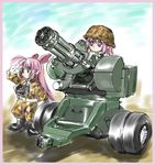  ahoge animal_ears artist_request binoculars boots camouflage child gatling_gun gloves gun helmet hoihoi-san ichigeki_sacchuu!!_hoihoi-san long_hair lowres m167_vads military military_uniform minigun multiple_girls pink_hair purple_eyes uniform weapon 