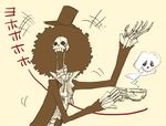  artist_request brook cup formal giving_up_the_ghost hat one_piece simple_background skeleton solo steam suit surprised tea teacup top_hat yellow_background 