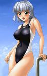  :o arena_(company) arm_support armpits artist_request bangs blue_eyes blush braid breasts cloud competition_swimsuit covered_nipples day embarrassed hair_ornament hairclip highleg highleg_swimsuit impossible_clothes impossible_swimsuit jpeg_artifacts large_breasts looking_at_viewer one-piece_swimsuit open_mouth outdoors seolla_schweizer short_hair side_braid silver_hair single_braid sky solo standing super_robot_wars swimsuit thighs 
