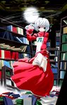  book bow dress ladder library magic noto_(soranoto) original short_hair silver_hair solo 