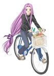  bag bicycle bicycle_basket black_shirt brown_eyes carrot cruiser_bicycle denim fate/stay_night fate_(series) food full_body glasses groceries ground_vehicle jeans long_hair long_sleeves looking_at_viewer low-tied_long_hair pants paper_bag purple_hair rider riding sandals shirt sidelocks simple_background socks solo spring_onion toshibou_(satsukisou) very_long_hair white_background 