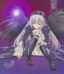  absurdres artist_request black_wings dress feathers hairband highres long_hair pink_eyes ribbon rozen_maiden silver_hair sitting solo suigintou wings 