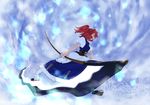  blue_dress dress from_behind holding holding_weapon kiriu obi onozuka_komachi polearm puffy_short_sleeves puffy_sleeves red_hair sash scythe short_hair short_sleeves solo touhou two_side_up weapon 