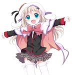  bat beret blonde_hair blue_eyes blush bow cape cowboy_shot fang hair_ornament hairclip hat little_busters! long_hair namori noumi_kudryavka outstretched_arms pink_bow plaid plaid_skirt school_uniform skirt solo spread_arms stretch thighhighs white_legwear zettai_ryouiki 