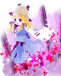  :o autumn_leaves blonde_hair blue_dress blush cowboy_shot dress extra_eyes foreshortening hat long_sleeves looking_back moriya_suwako open_mouth pillar shige short_hair solo sweater touhou 